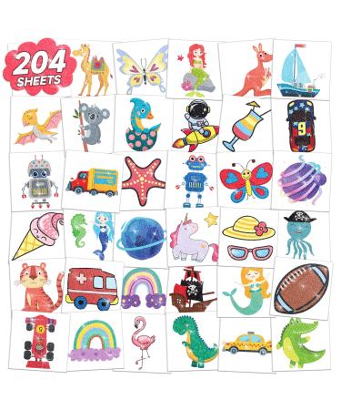 EMOME 204 Sheets Glitter Tattoos for Kids Individually Wrapped Kids Temporary Tattoos Stickers for Party Favors Birthday Supplies Sparkling Kids Fake Tattoos Toys Gifts for Girls Boys