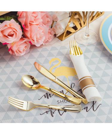 50 Pack Pre Rolled Gold Plastic Cutlery Set with 50 Forks, Knives, Spoons, Napkins - Disposable Set for Party and Wedding - Buy Online on GoSupps.com