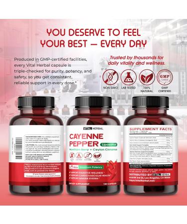 VITAL HERBAL Liposomal Cayenne Pepper with Hawthorn Berry & Ceylon Cinnamon Supports Digestion & Immune Health 150 Capsules 150 count (pack of 1) - Buy Online on GoSupps.com
