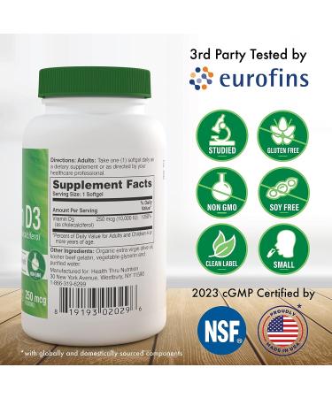Health Thru Nutrition Vitamin D3 10,000 IU Non GMO 120 Mini Softgels - Soy Free USP Grade Natural D3 Supplement - Buy Online on GoSupps.com
