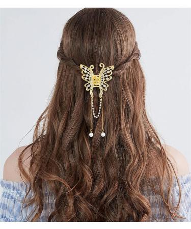 Gold Butterfly Pearl Hair Claw Clips Set - Rhinestone Tassel Metal Hair Clamps for Women and Girls - Buy Online on GoSupps.com