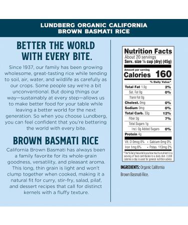 Lundberg Family Farms Organic California Brown Basmati Rice 32 oz 2-Pack | High Fiber, Pleasant Aroma, Non-GMO, Gluten-Free - Buy Online on GoSupps.com
