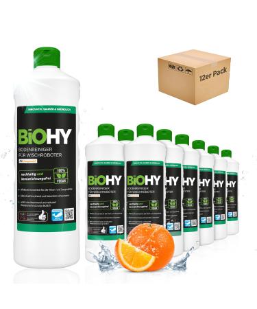 Biohy floor cleaner for wiping robot with orange scent (12 x 1 liter) |Cleaning agent concentrate for all wiping robots |Foam arm & strip -free |Sustainable 1: 200 concentrate sunny orange 12 x 1 liter