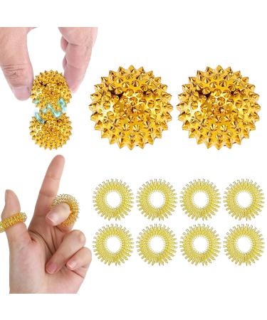 2 pieces magnetic acupressure balls & 8 pieces massage rings for fingers acupressure balls massage ring hedgehog ball massage ball acupressure ring arthrorooller sensory skills rings set (golden)