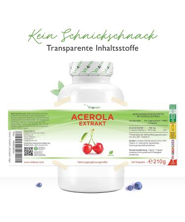 Acerola Capsules - High Dose 750mg Natural Vitamin C | 240 Vegan Capsules - Laboratory Tested No Additives - 8-Month Supply - Buy Online on GoSupps.com