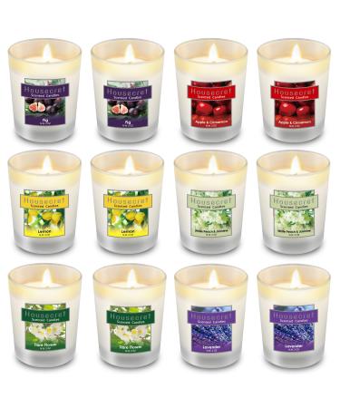 Housecret Pack of 12 Strong Scented Candles Gift Set with 6 Fragrances for Home and Women, Aromatherapy Soy Wax Glass Jar Candle