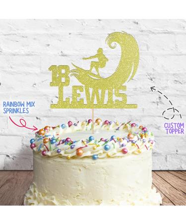 Cakeshop Cake Decoration Pack | Surfer Surfing Theme Premium Double Sided Glitter Card Cake Topper & 25g Party Pack of Cake Sugar Sprinkles | Custom Name & Age Cake Decorations (Champagne) Non-Prime Glitter Card: Champagne - Buy Online on GoSupps.com