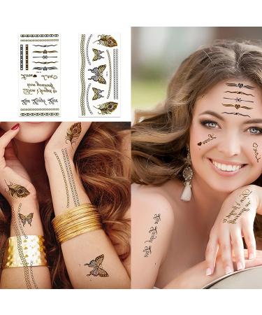 Gold Temporary Tattoos - 10 Sheets, 100+ Designs for Women, Metallic Face Glitter Stickers, Waterproof, Realistic and Long-Lasting - Buy Online on GoSupps.com