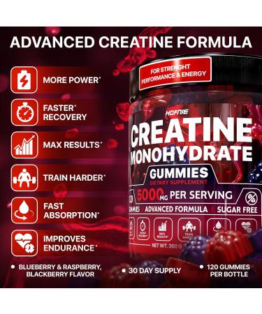 Hofnie Creatine Monohydrate Gummies 5000 mg Vegan Sugar-Free Pre Workout Creatine for Men & Women Raspberry & BlackBerry Flavored Chewable Creatine Monohydrate 120 Gummies (30-Day Supply) - Buy Online on GoSupps.com