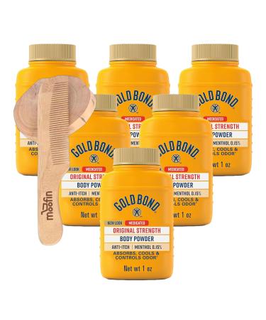 Medicated Original Strength Body Powder Talc Free Body Powder 1 Oz Cooling Relief for Skin Irritation Absorbs Moisture Portable Size - Includes Wooden Comb Pack of 6