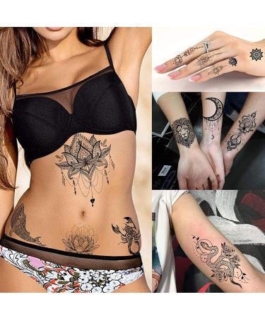 Shegazzi 58 Sheets Black Lace Temporary Tattoos for Women - Large Lotus Mandala Flower Snake Elephant Butterfly Fake Tattoos Kit - Indian Tribal Skull Tattoos Adults - Arm Sleeve Neck Wedding - Buy Online on GoSupps.com