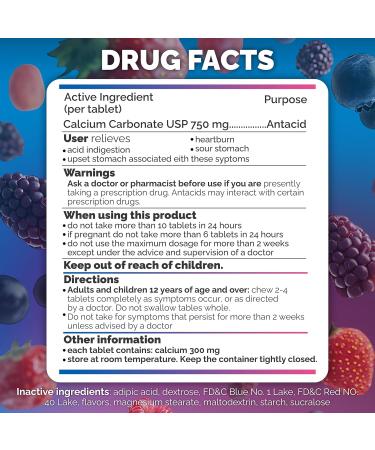 berkley jensen Extra Strength Antacid Tablets Chewable - 750mg Calcium Carbonate Antacids for Heartburn Acid Indigestion Upset Stomach Relief - Assorted Berry Flavor - 200 Count (Pack of 1) - Buy Online on GoSupps.com