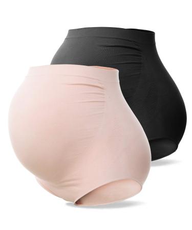 SUNNYBUY Women's Maternity High Waist Underwear Pregnancy Seamless Soft Hipster Panties Over Bump L 1black 1skin-2pk