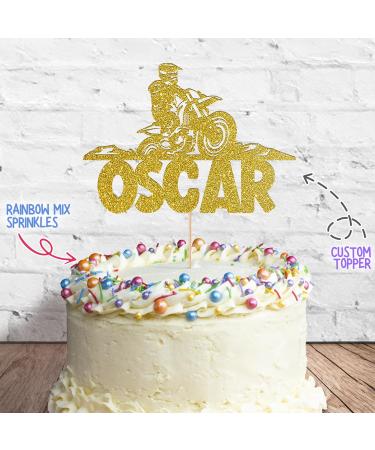 Cakeshop Cake Decoration Pack | Motorcross Dirtbike Theme Premium Double Sided Glitter Card Cake Topper & 25g Party Pack of Cake Sugar Sprinkles | Custom Name Cake Decorations (Gold) Prime Glitter Card: Gold - Buy Online on GoSupps.com
