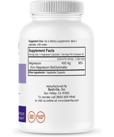 BESTVITE Magnesium Glycinate 400mg - 240 Vegetarian Capsules, Vegan, Non-GMO, Gluten Free - Buy Online on GoSupps.com