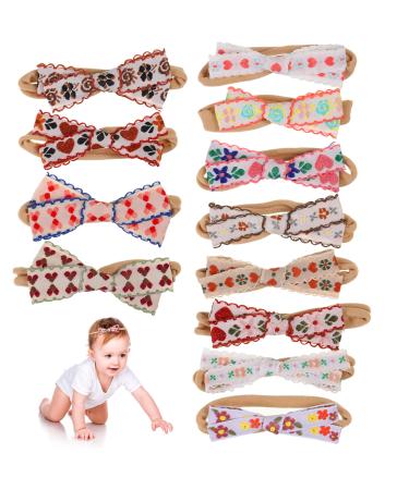 WUISOLQP 12 PCs Baby Girls Headbands Hair Bows Soft Stretchy Nylon Hairbands Flower Patterns Handmade Hair Band for Newborn Infant Toddlers as Birthday Christmas Wedding Photography Hair Accessories Combination two 12pcs