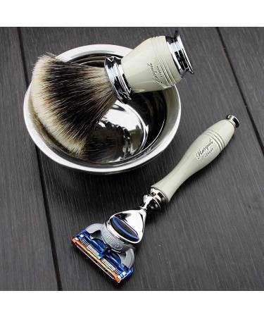 4 Pc Men's Shaving Kit - 5 Blade Razor Silver Tip Badger Brush Stand & Stainless Steel Bowl | Perfect Grooming Set for Men - Buy Online on GoSupps.com