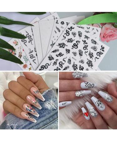 Kalolary 6 Sheets 3D Snake Nail Art Stickers - Self-Adhesive Hot Snake Flower Pattern Decals for Women and Girls - DIY Nail Design Decoration - Buy Online on GoSupps.com