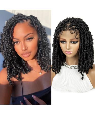 Braided Wigs for Black Women Double Full Lace Knotless Box Faux Locs Wig Short Bob Dreadlock Braided Wigs Synthetic Lace Front Braided Wigs with Baby Hair Handmade Braided Wigs 14 inches (1B Color)