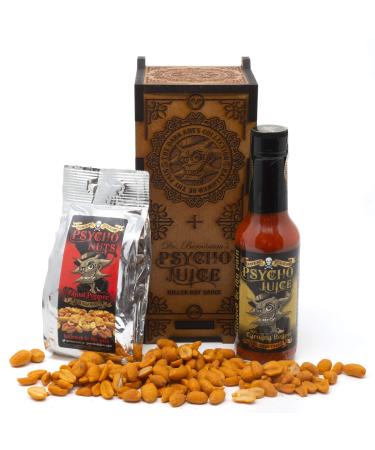 Psycho Juice | Dark Arts Wooden Chilli Sauce & Nuts Gift Set | 70% Carolina Reaper World's Hottest Chilli | 148ml | Psycho Nuts | Naga Covered Spicy Peanuts