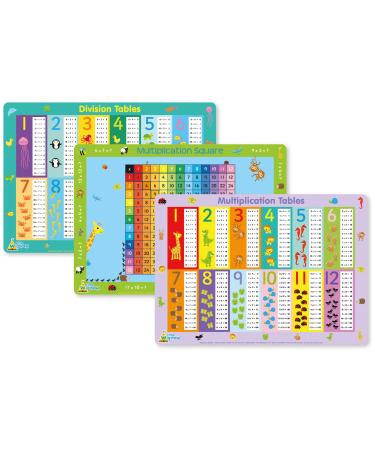 Little Wigwam Numeracy 2 Placemat Pack - Set of 3 Educational Placemats - Multiplication Tables Division Tables Multiplication Square