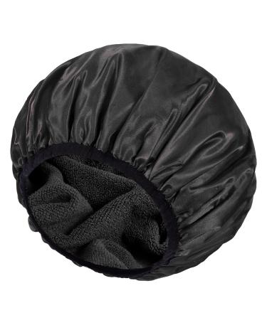 Shower Cap 3 Layer Terry Lined Shower Caps Reusable Waterproof Shower Cap for Women Microfiber Terry Cloth Lined Satin Hair Cap With Dry Hair Function Extra Large Bath Cap for all Hair Lengths(Black)
