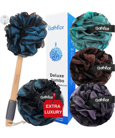 80g Loofah Sponge Long Handle Loofah for Shower Bath Wash 4 Extra Large 80g Soft Loofa Pouf 1 Long Handle Curved Luffa on a Stick 1 Shower Hook Body Scrub for Men&Women (Charcoal) Charcoal-color