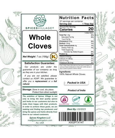 Spices Village Whole Cloves 7 oz - Kosher, All Natural Dried Clove Buds - Gluten Free, Non GMO - Ideal for Food, Tea, Potpourri - KETO Friendly - Resealable Bulk Bag - Buy Online on GoSupps.com