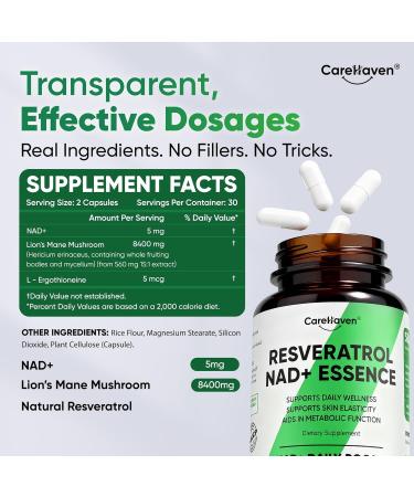 CareHaven NAD+ Resveratrol Essence Capsules - 5mg NAD+ & Lion's Mane Mushroom - Supports Healthy Cell Function & Daily Wellness - 60 Active Dietary Capsules (1PCS) - Buy Online on GoSupps.com