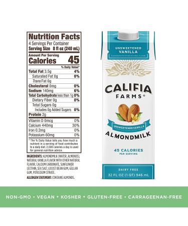 Califia Farms Unsweetened Vanilla Almond Milk 32oz (Pack of 6) | Dairy-Free, Vegan, Keto, Plant-Based | Shelf Stable, High Calcium, Non-GMO, Sugar-Free | Ideal for Smoothies - Buy Online on GoSupps.com