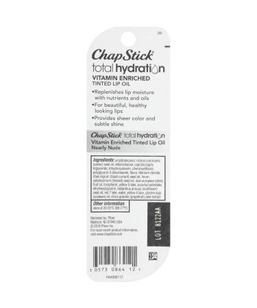 ChapStick Total Hydration Vitamin Enriched Tinted Lip Oil (Nearly Nude 1 Tube) Vitamin C Vitamin E Contains Omega 3 6 9 0.24 Ounce Peach Tea - Nearly Nude - Buy Online on GoSupps.com