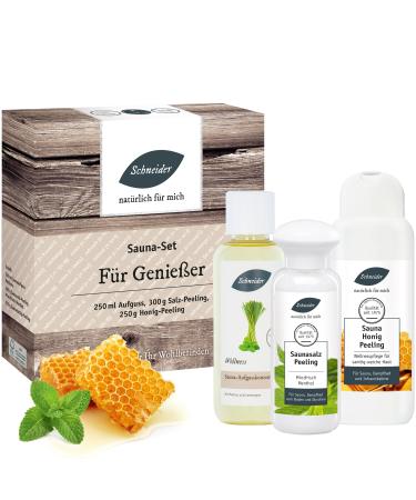 Saunabedarf Schneider - Sauna set for connoisseurs - 250 ml infusion 300 g sauna salt 250 g sauna honey - soothing mix connoisseur set