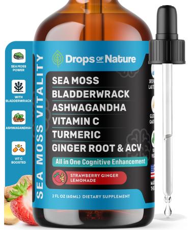 Ashwagandha & Turmeric Liquid Drops - Vitamin C, Sea Moss, Apple Cider Vinegar, Bladderwrack - Vegan Liquid Drops for Comprehensive Wellness Support & Vital Immunity (Strawberry Ginger Lemonade, 60mL)