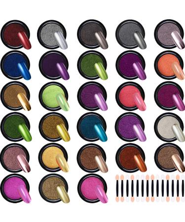 Duufin 28 Colors Chrome Nail Powder Metallic Chrome Powder for Mirror Effect Nails Art Decoration with 28 Pcs Eyeshadow Sticks, 1g/Jar