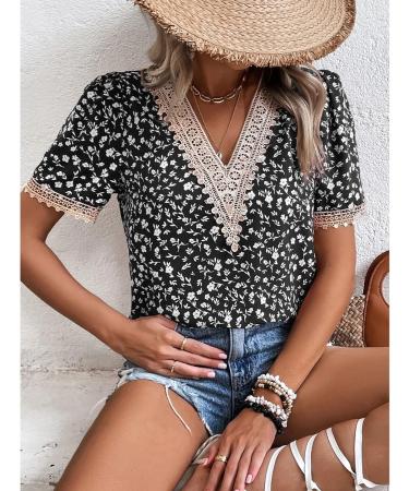Naroote Womens Blouse Easy Matching Womens T Shirt Casual Lace Stitching Casual V-Neck for Beach XX-Large Black - Buy Online on GoSupps.com