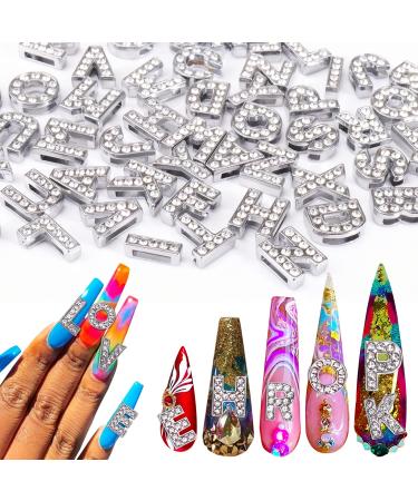 AIERSA Large Letter Nail Charms  52 Pcs 3D Rhinestones Bling Alphabet Stickers for Nail Art Decoration Accessories  Silver  Alloy  12 mm Tall