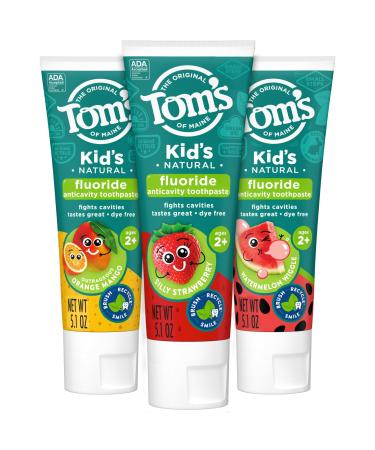Tom s of Maine Anticavity Kids Natural Toothpaste Variety Pack Strawberry Orange Mango Watermelon Flavors Kids Toothpaste with Fluoride Safe for Ages 2 and Up 5.1 oz (Pack of 3) Variety Pack 5.1 Ounce (Pack of 3)
