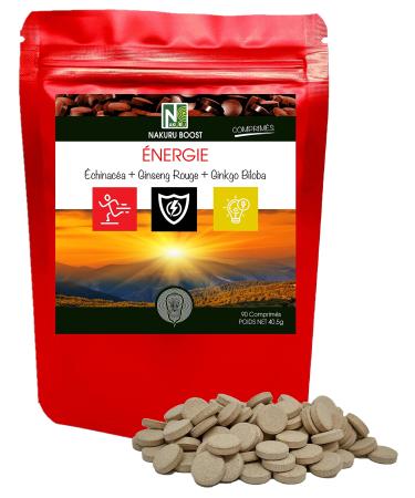 NAKURU | Energy = Echinacea + Red Ginseng + Ginkgo Biloba/Boost Range/Made in France (90 Tablets of 450mg / Net Weight: 40g)