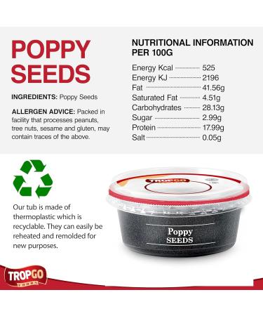 Tropgo Poppy Seeds 200g - Gluten Free Poppy Seeds in Resealable and Recyclable Tub - Non-GMO Poppy Seeds for Eating - Enhance Baking and Cooking - Buy Online on GoSupps.com