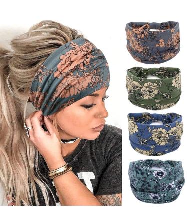 YONUF Wide Boho Headbands for Women Fashion Knotted Headband Yoga Workout African Head Wrap 4 Pack Flower1