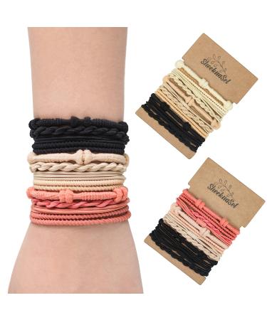 24 Pcs Fashion Boho Twist Original SheeknaSet Hair Tie Bracelets For Women Pain-Free Accessories Elastic Bands Girls Adults (Rose red  Apricot  Black) (Beige  Black)  Count (Pack of 1)