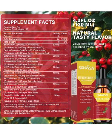 SXNWSN Berberine Drops - 10-in-1 Herbal Complex with Milk Thistle Ceylon Cinnamon & Bitter Melon | 4.2Fl Oz Liquid Supplement for Immune Heart & Digestive Support  - Buy Online on GoSupps.com
