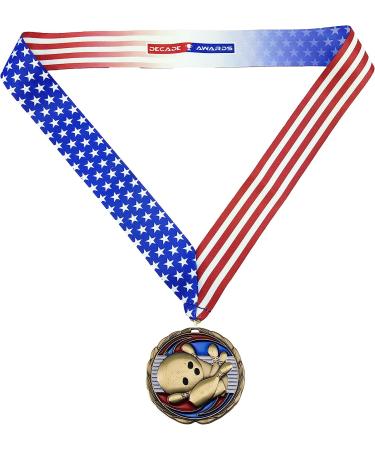 Decade Awards Bowling Color Medal - 2.5 Wide Tournament Medallion with American Flag Ribbon - GOLD - Buy Online on GoSupps.com