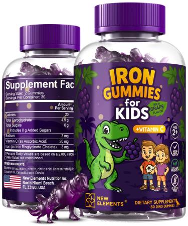 Iron Dinosaur Gummies for Kids with Vitamin C | Sugar-Free Vegan Gluten-Free & Non-GMO | Anemia Relief Energy & Blood Health Support | Grape Flavor Pectin-Based for Optimal Health 60 Count (Pack of 1)