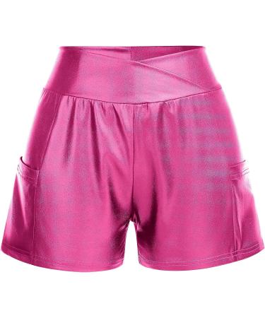 Women's Sparkly Cross V-Front Dance Shorts | High Waist Yoga Gym Rave Party Shorts with Pockets - Hot Pink (Large) - Buy Online on GoSupps.com