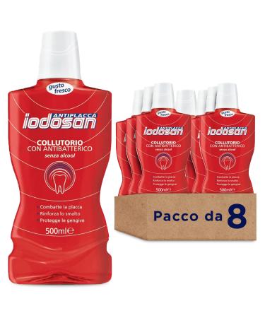 Iodosan Antiplaque, mouthwash with antibacterial, fights plaque and protects gums, alcohol-free, pack of 8 x 500 ml