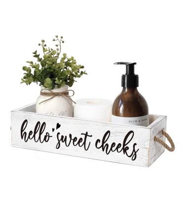 MayAvenue Farmhouse Bathroom Decor Box Hello Sweet Cheeks Double Sided Wooden Toilet Paper Holder Tissue Box with Handles, Bathroom Signs (White)
