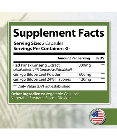 Ginkgo Biloba & Ginseng Korean Red Panax Extract - Brain Memory Supplement for Performance Energy & Immune Support - Nootropic for Mental Function - 60 Capsules - Buy Online on GoSupps.com