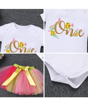 FYMNSI Baby Girl 1st Birthday Outfit 3pcs Set, Flower Printed Romper Tutu Skirt Crown Headband, Yellow Pink - Size 1 - Buy Online on GoSupps.com