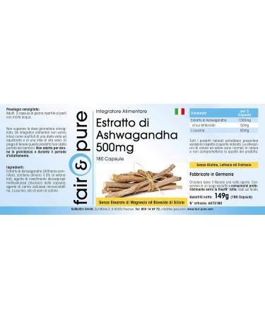 Fair & Pure - Ashwagandha 500mg - extra strong - standardized to 5% withanolide - vegan - Indian Ginseng extract (Withania Somnifera) - natural - 180 capsules for 3 months - Buy Online on GoSupps.com